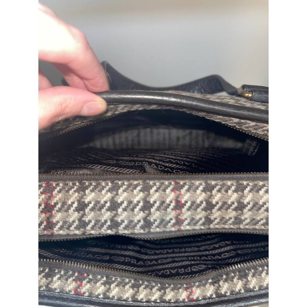Prada Houndstooth Tweed Tote Bag Brown Leather- Trim Wool - Picture 4 of 5